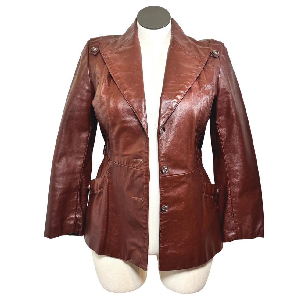 Rare Opera 70s Leather Jacket with Tie Oxblood Brown Red Burgundy Womens Small